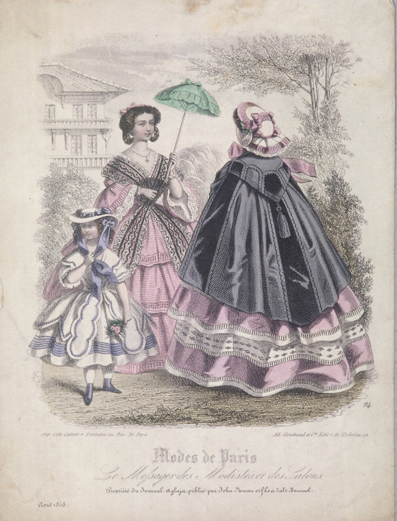 Two women and a child wearing the latest fashions in a garden setting by Anonymous