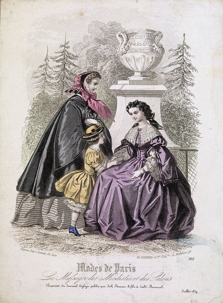 Detail of Two women and a child wearing the latest fashions in a garden setting by Anonymous