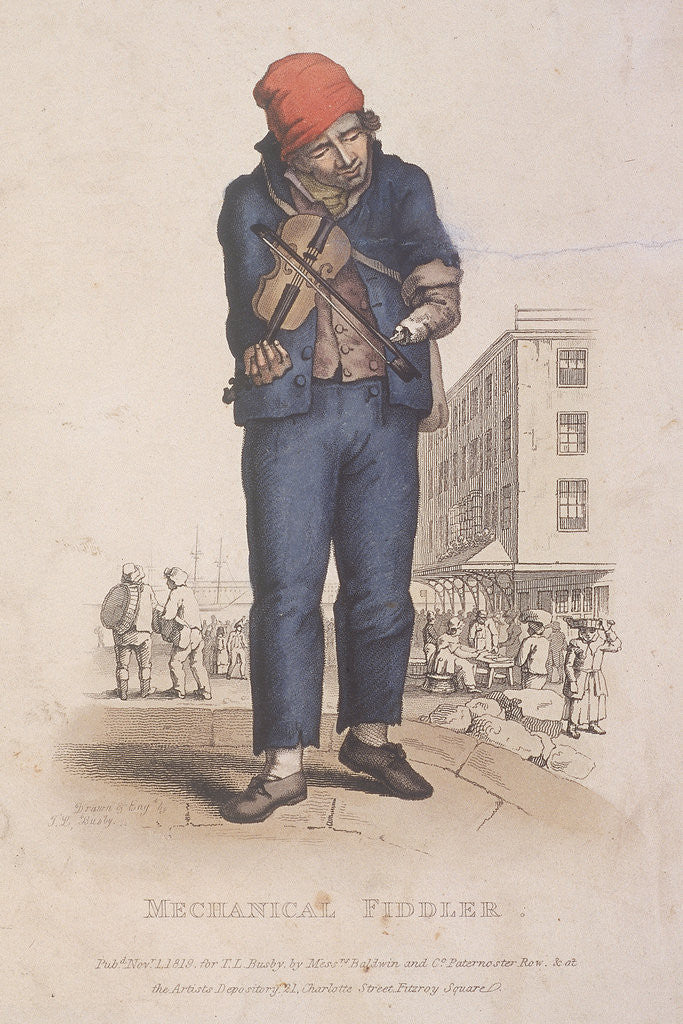 Detail of Fiddler with a prosthetic arm, with a market in the background by Thomas Lord Busby