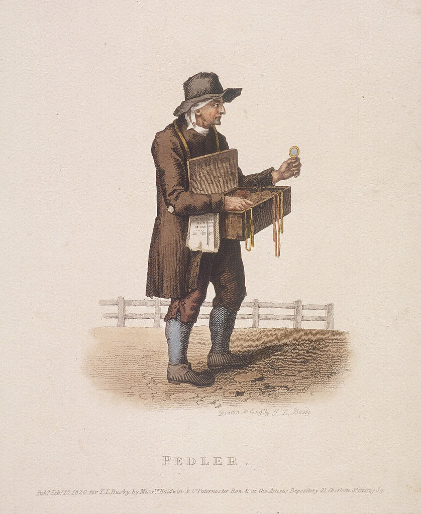 Detail of Pedlar with his box of wares hung around his neck by Thomas Lord Busby