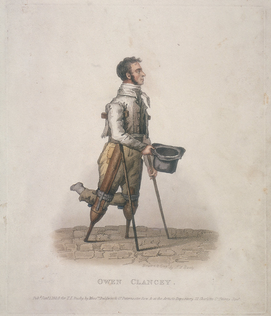 Detail of Owen Clancy, begging with his hat in hand, on crutches and with devices strapped to his legs by Thomas Lord Busby