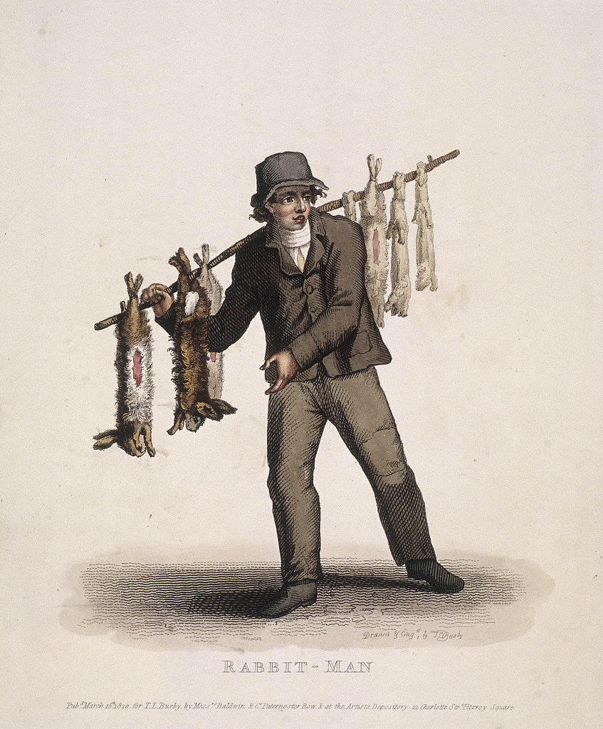 Detail of Rabbit seller carrying a pole hung with rabbits by Thomas Lord Busby