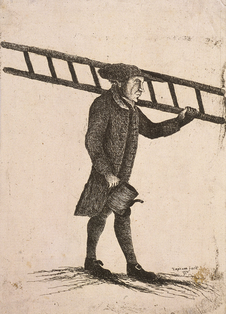 Detail of Lamplighter holding a ladder and an oil can by Edward Topham