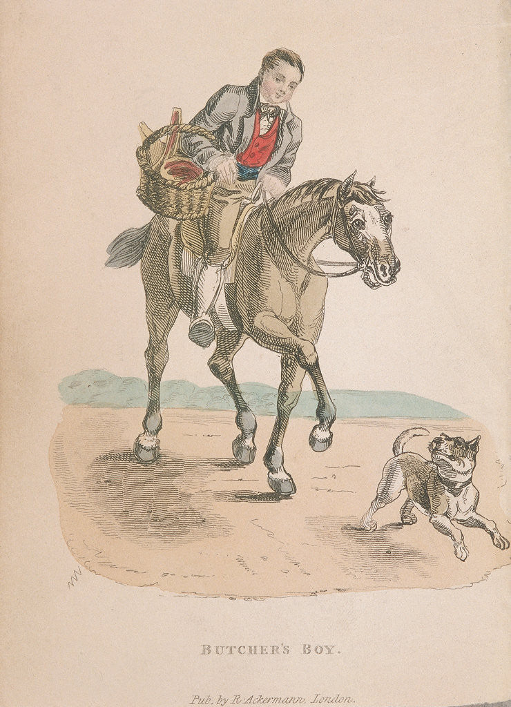 Detail of Butcher's boy riding a horse accompanied by a dog running ahead, carrying a basket of meat by Anonymous