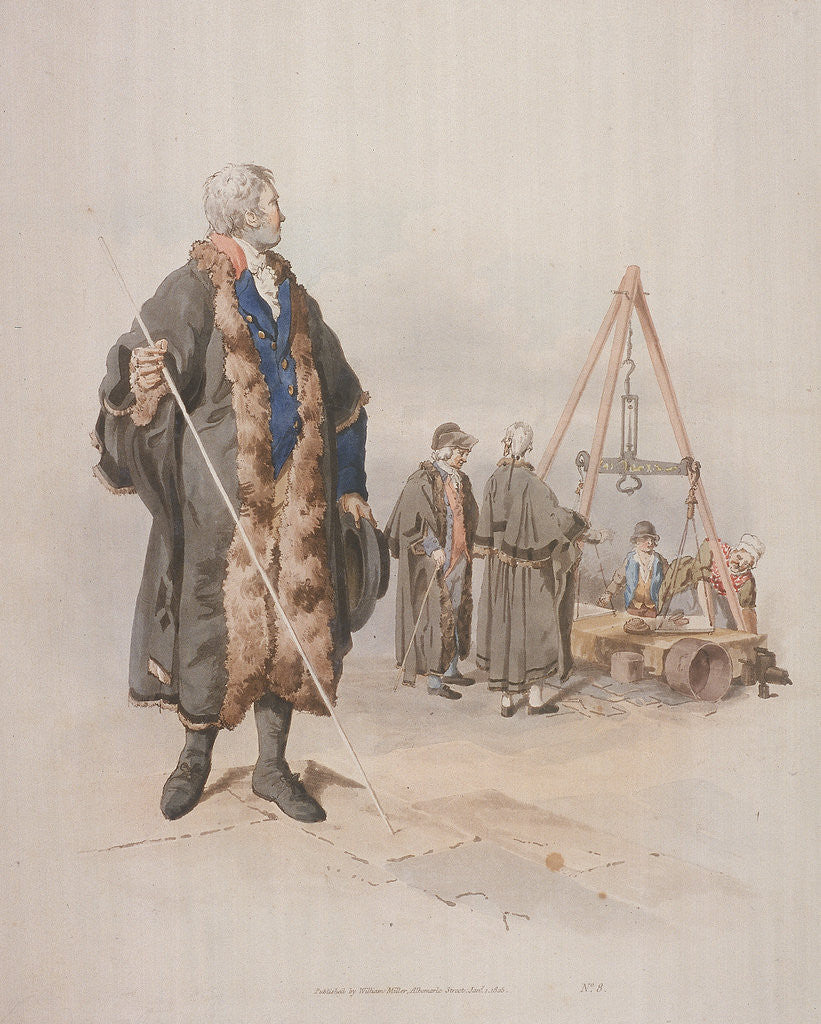 Ward Beadle in civic costume, holding a staff, at a Wardmote Inquest by William Henry Pyne