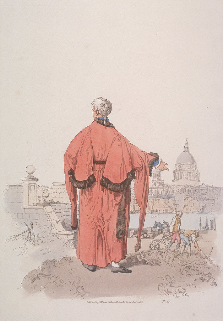 Detail of Alderman in civic costume looking towards St Paul's Cathedral, London by William Henry Pyne