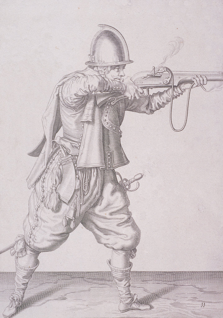 Figure in military clothing firing a musket and wearing a sword by Anonymous