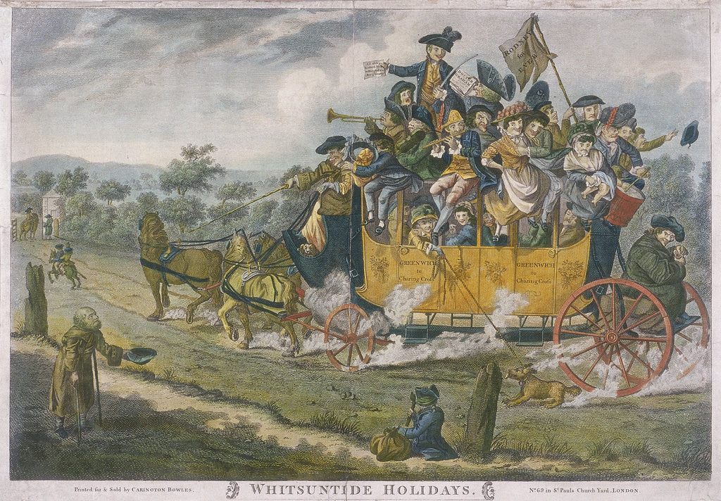 Detail of A crowded coach travelling between Greenwich and Charing Cross, London by Anonymous