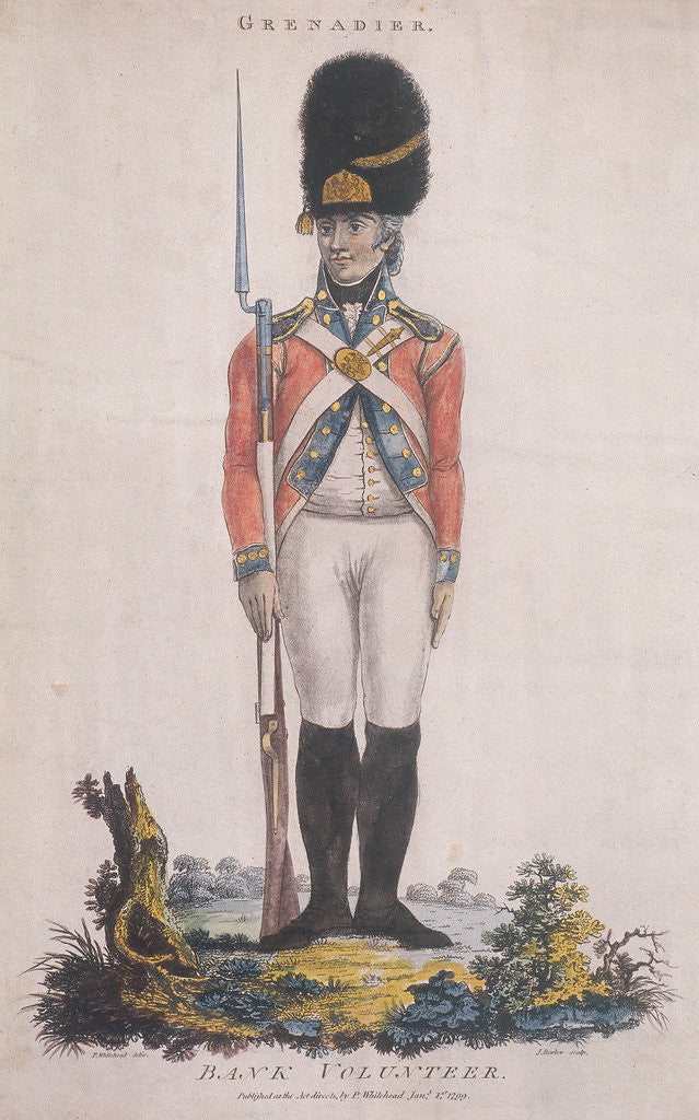 Detail of Grenadier in the Bank Volunteers, holding a rifle with a bayonet attached by John Barlow