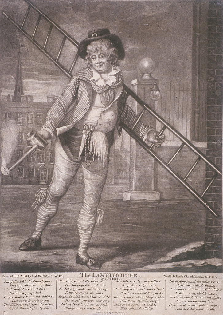Detail of Lamplighter, 1790; with humorous text in the lower margin by Anonymous