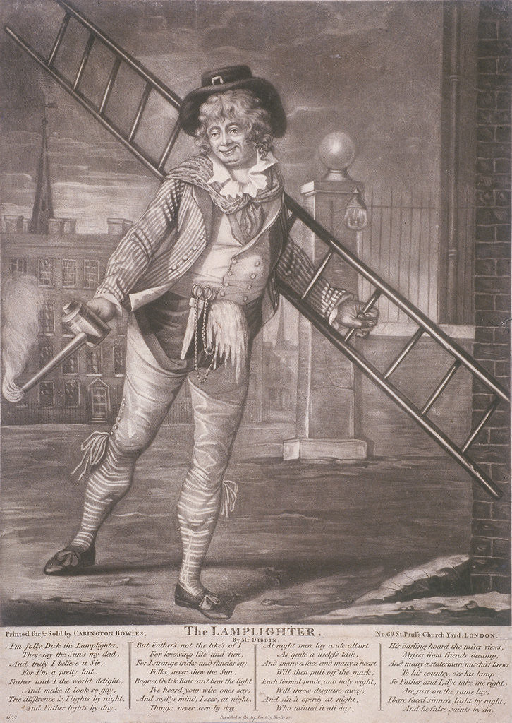 Lamplighter, 1790; with humorous text in the lower margin by Anonymous