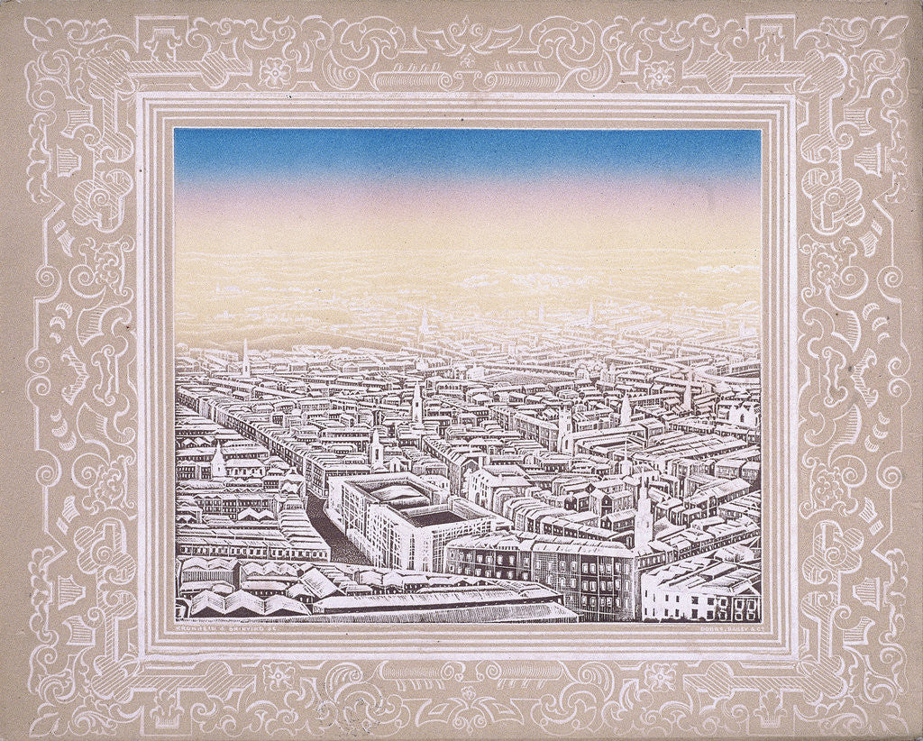 Detail of Aerial view of London with decorative border by Kronheim & Co