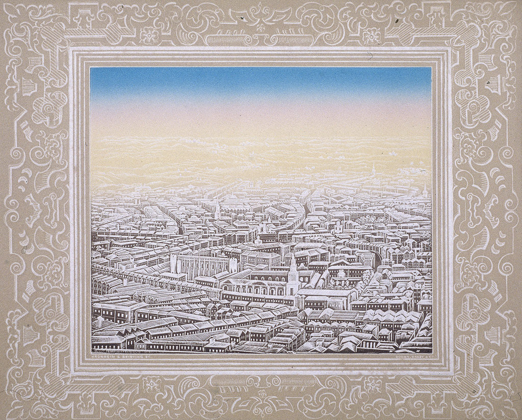 Detail of Aerial view of London with decorative border by Kronheim & Co