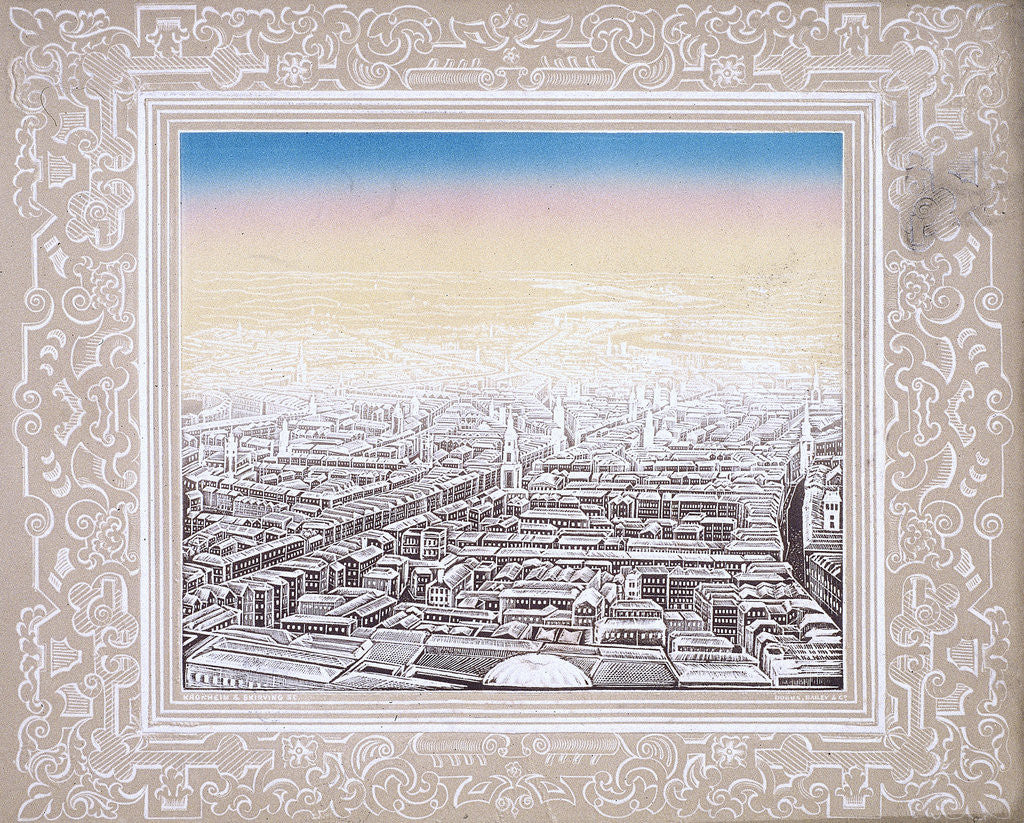 Aerial view of London framed in a decorative border by Kronheim & Co