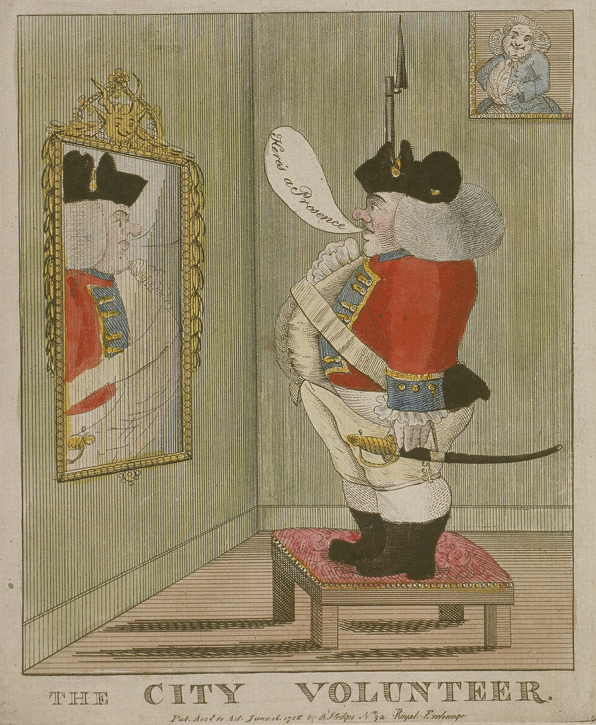 Detail of View of a portly City volunteer admiring himself in the mirror by Anonymous