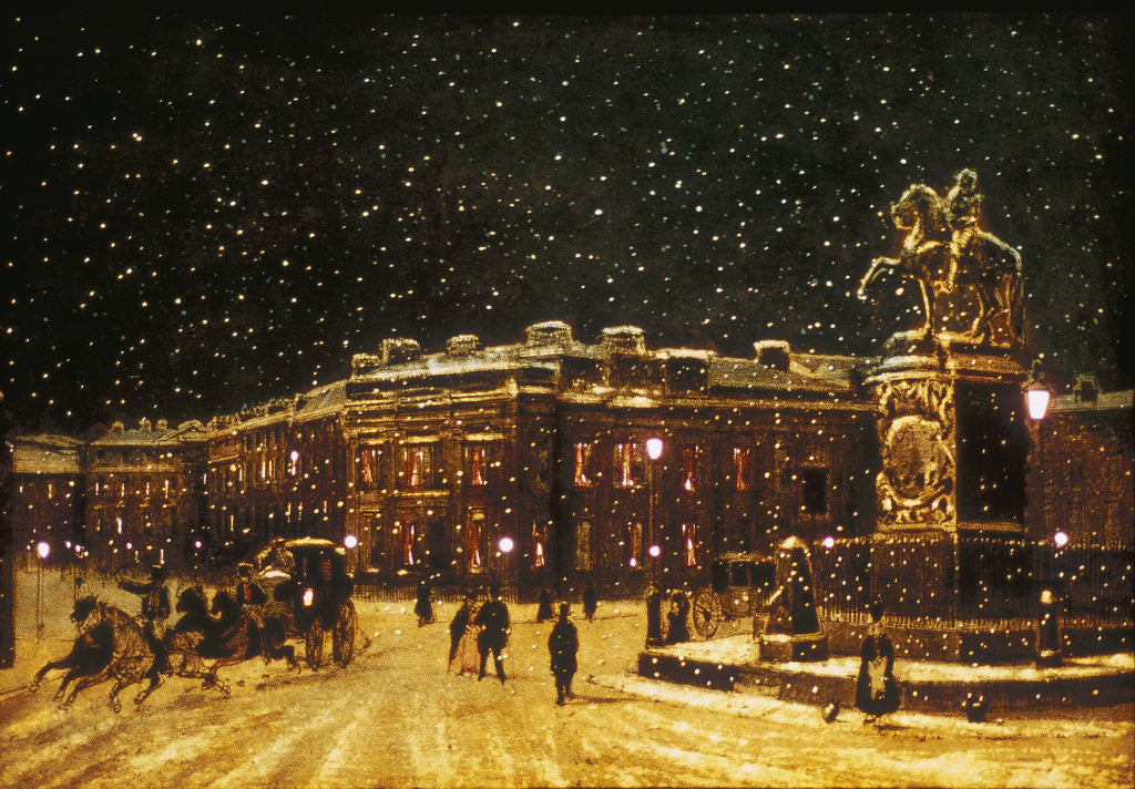 Detail of View of snow falling at Charing Cross at night by Anonymous