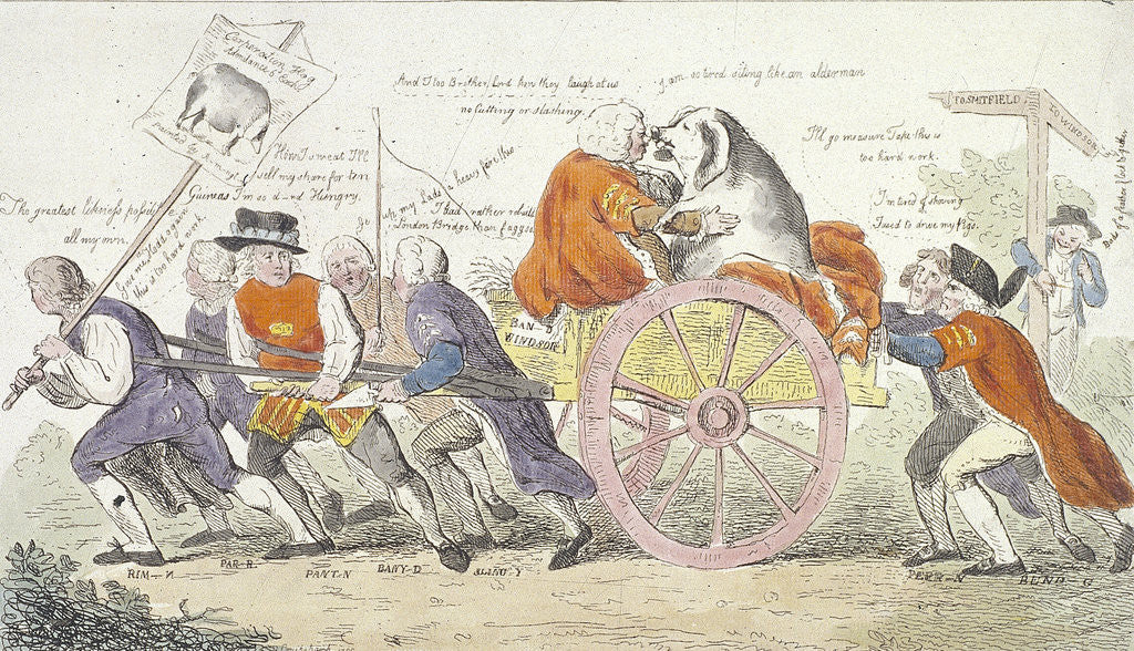 Detail of The Corporation hog's journey to Smithfield in stile or aldermen turned pig show men. by Isaac Cruikshank