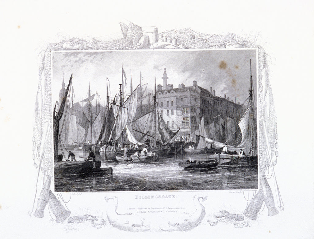Detail of View of Billingsgate wharf with Three Tuns Public House, figures and boats, London by James Carter