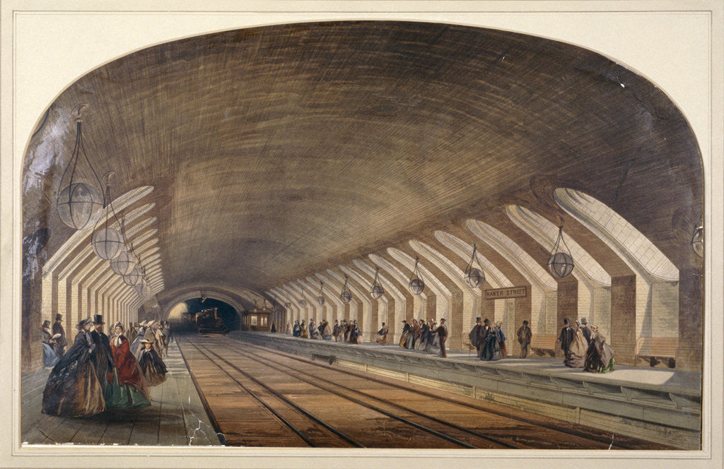 Detail of Interior of Baker Street Station showing platforms and an approaching train, London by Kell Brothers