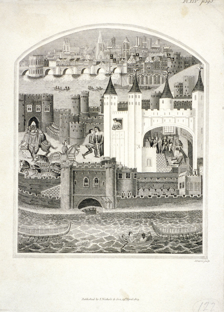 Detail of Charles duc d'Orleans imprisoned in the Tower of London with London Bridge in the background by James Basire II