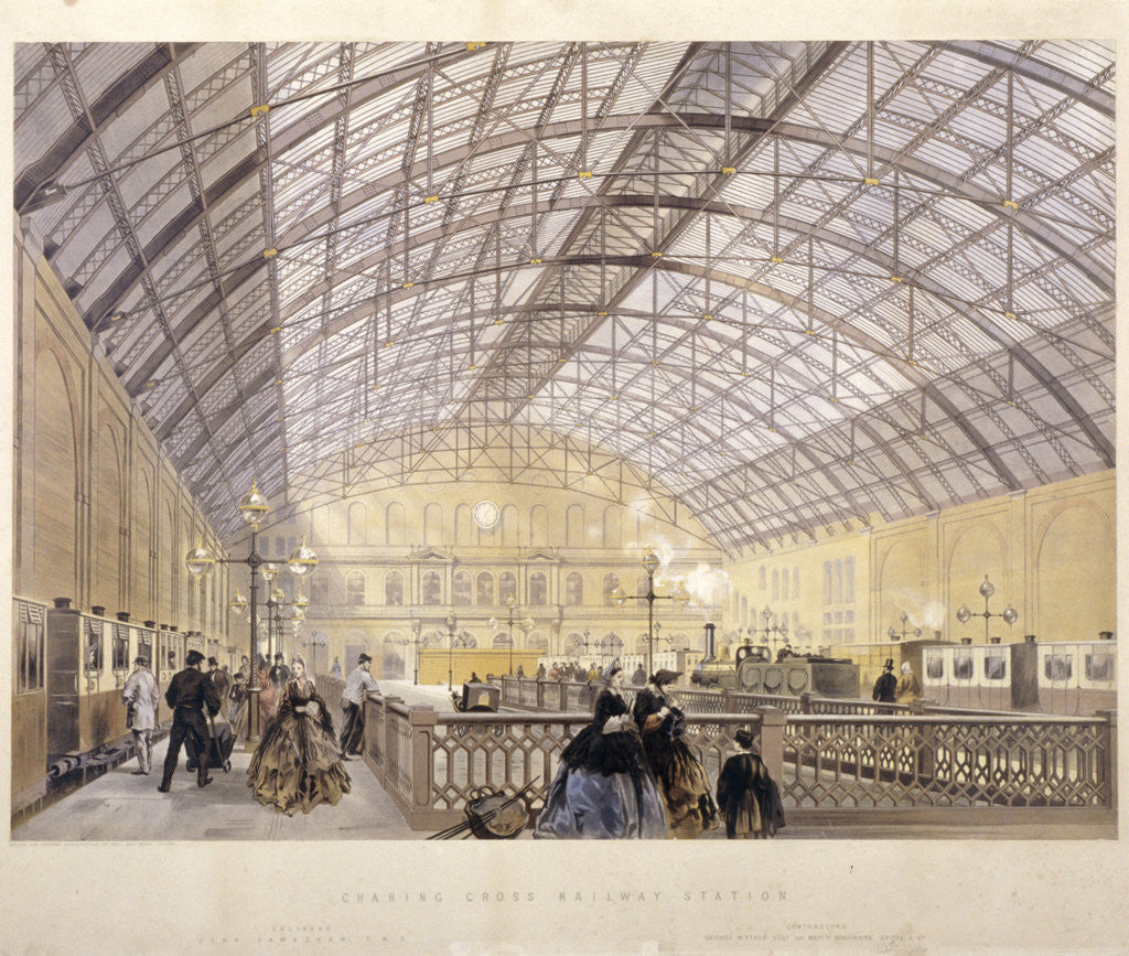 Detail of Interior of Charing Cross Station showing trains and the iron roof, London by Kell Brothers