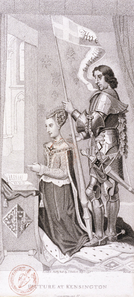 Detail of View of royalty kneeling accompanied by an armoured knight by A Birrell