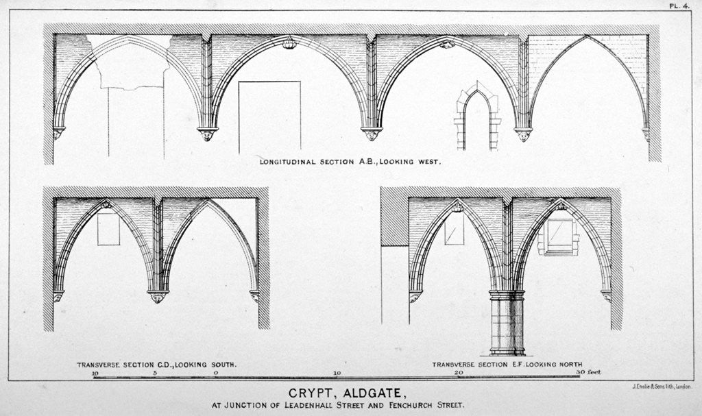 Detail of Sectional views of St Michael's Crypt, Aldgate Street, London, c1830(?) by J Emslie & Sons