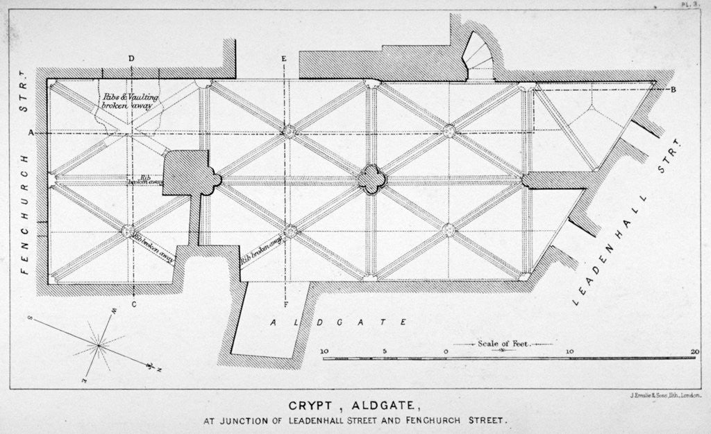 Detail of Plan of the groining for St Michael's Crypt, Aldgate Street, London, c1830(?) by J Emslie & Sons