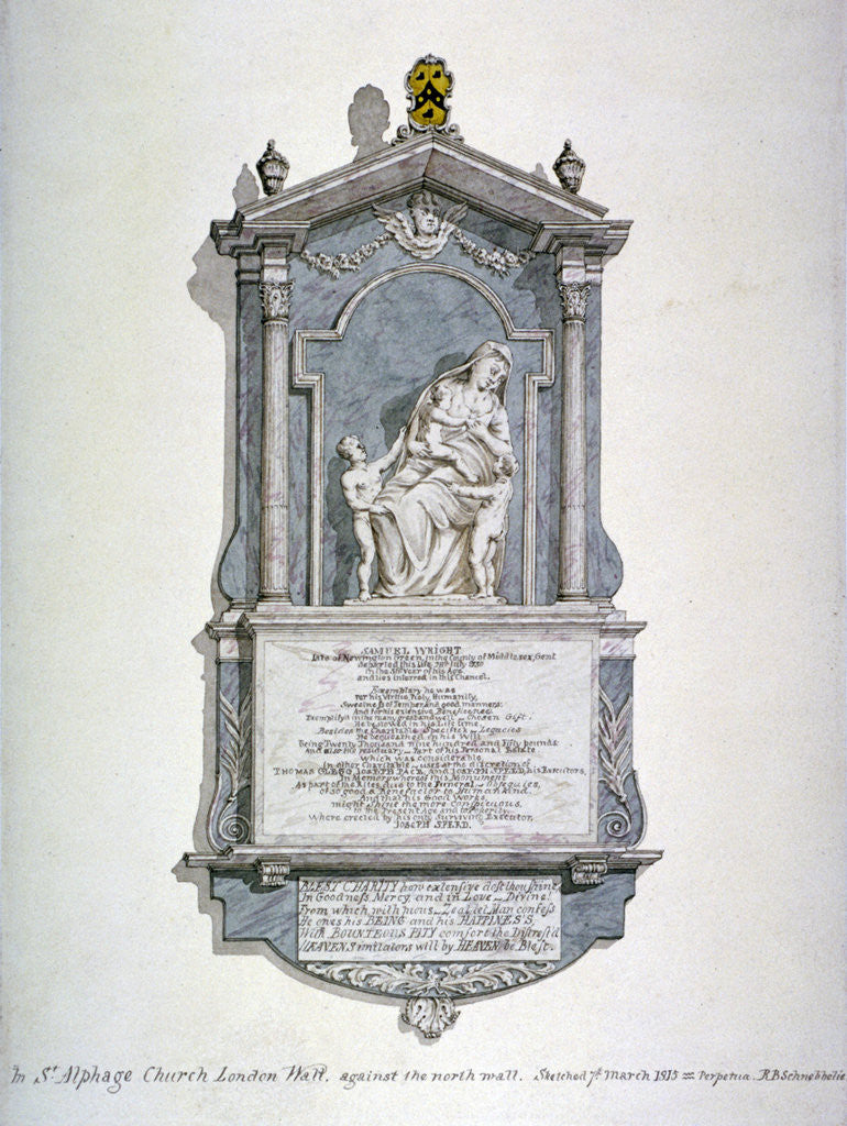 Monument to Samuel Wright, from the north wall of St Alfege's Church, London Wall, London by Robert Blemmell Schnebbelie