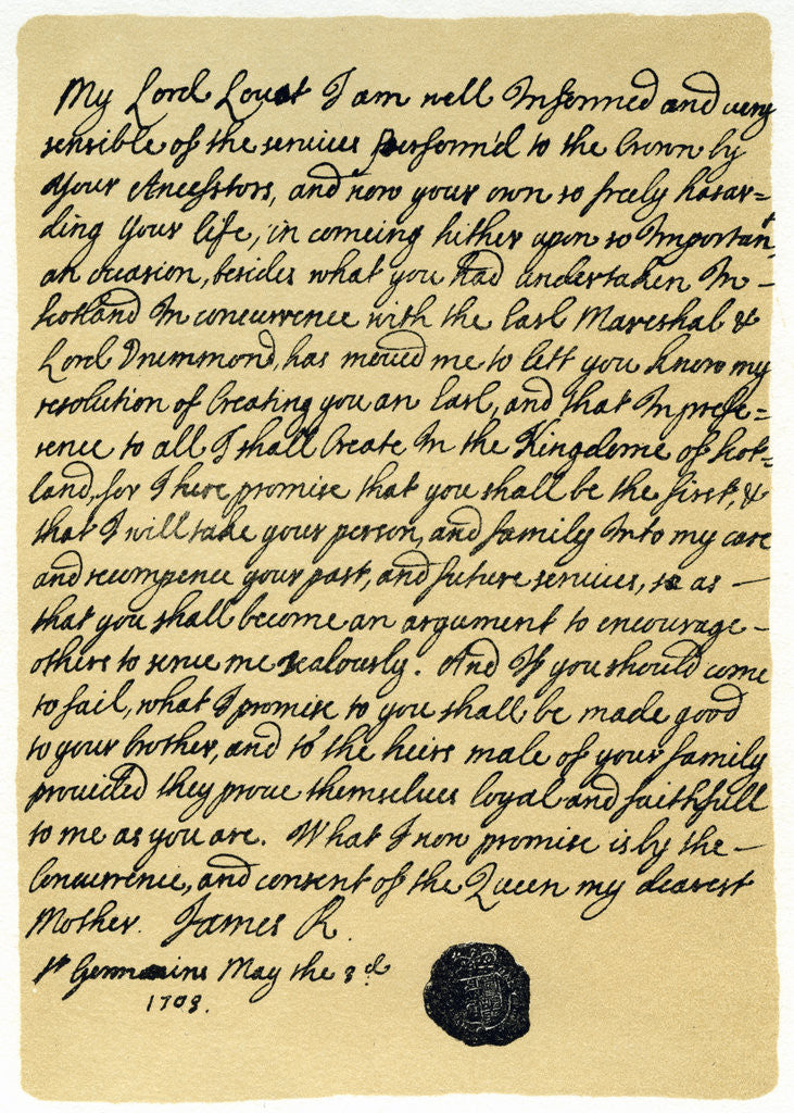 Detail of Letter from James Edward Stuart to Simon Fraser, Lord Lovat, St Germains, 3rd May 1703 by James Stuart