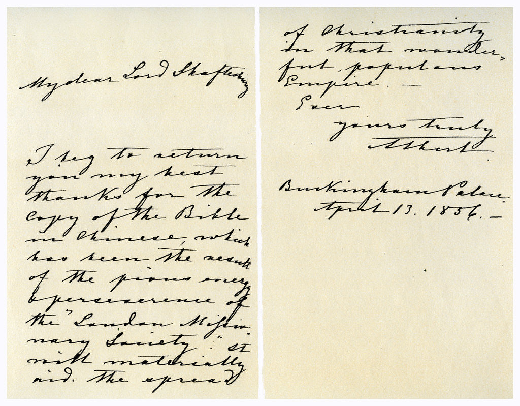 Detail of Letter from Albert, Prince Consort to Anthony Ashley Cooper by Prince Albert
