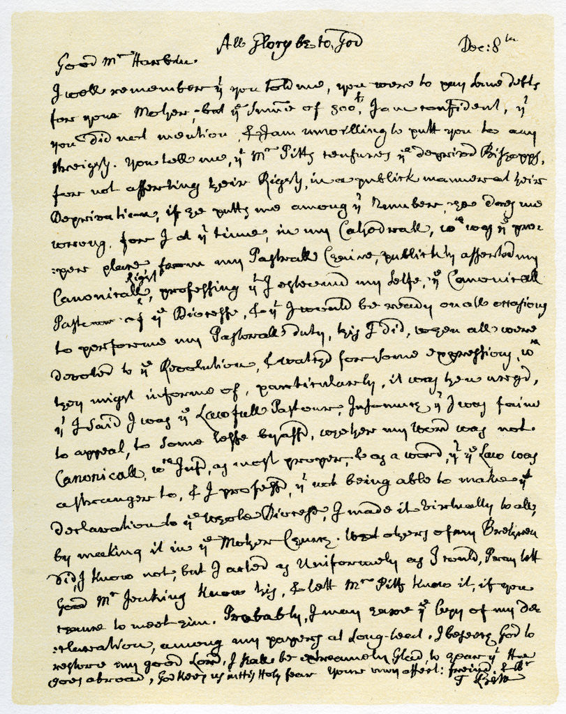 Detail of Letter from Thomas Ken, Bishop of Bath and Wells to George Harbin by Thomas Ken