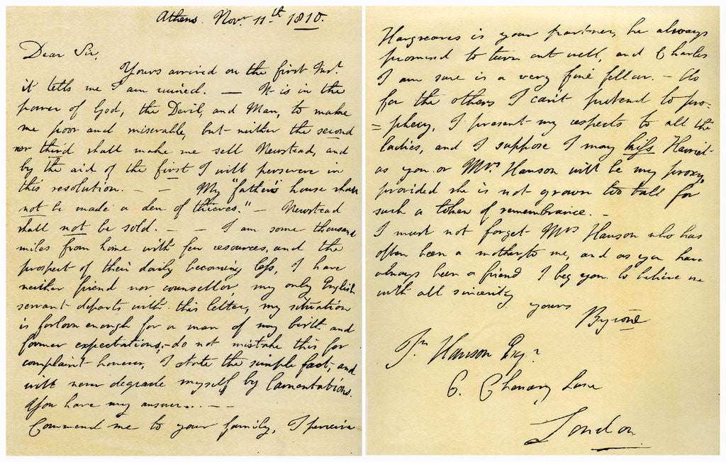 Detail of Letter from Lord Byron to John Hanson by Lord Byron