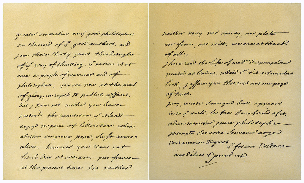 Detail of Letter from Francois Marie Arouet de Voltaire to George Keat by Voltaire