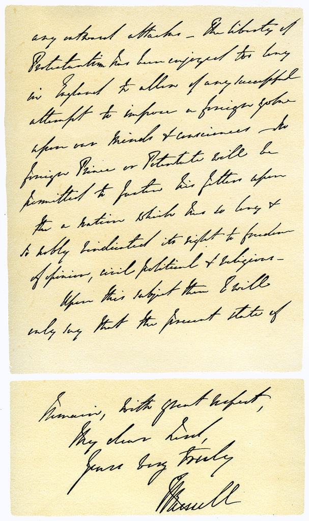 Detail of Letter from John Russell to Edward Maltby, Bishop of Durham, 4th November 1850 by Lord John Russell