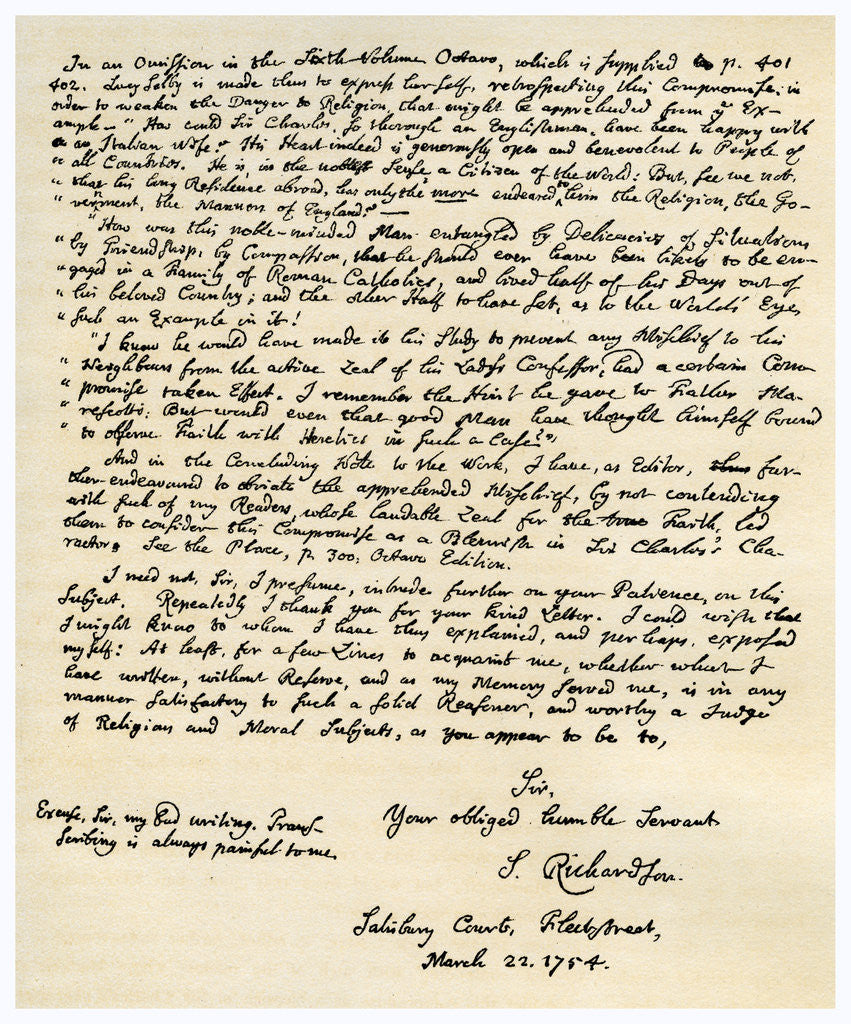 Detail of Letter from Samuel Richardson by Samuel Richardson