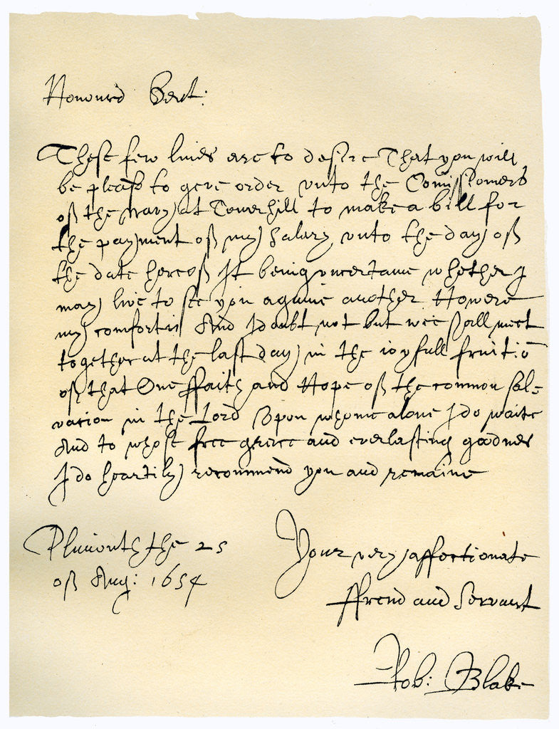 Detail of Letter from Admiral Robert Blake to the Commissioners of the Admiralty by Robert Blake