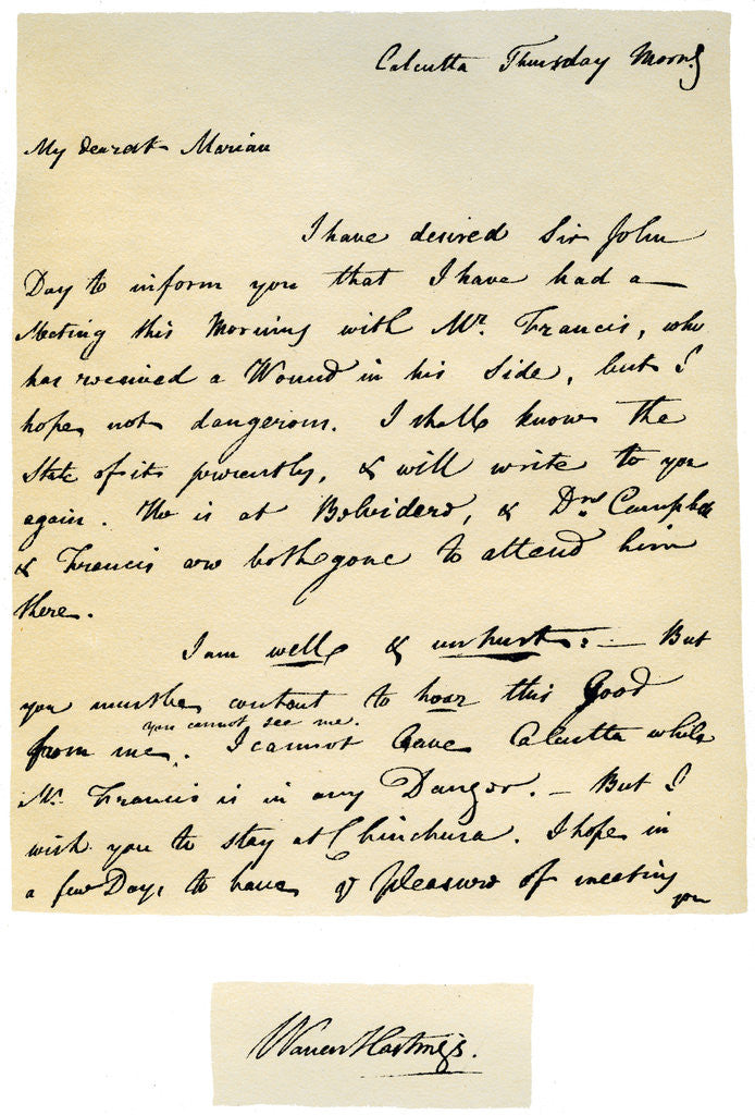 Detail of Letter from Warren Hastings, Governor-General of Bengal to his wife by Warren Hastings