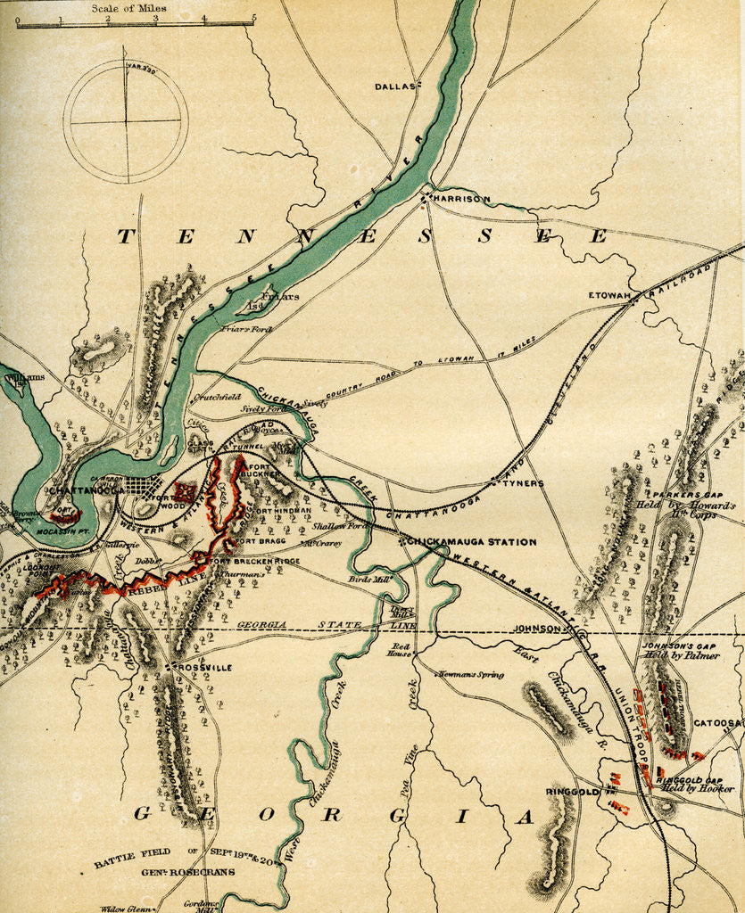 Detail of Map of Chattanooga and its defences, Tennessee by Charles Sholl