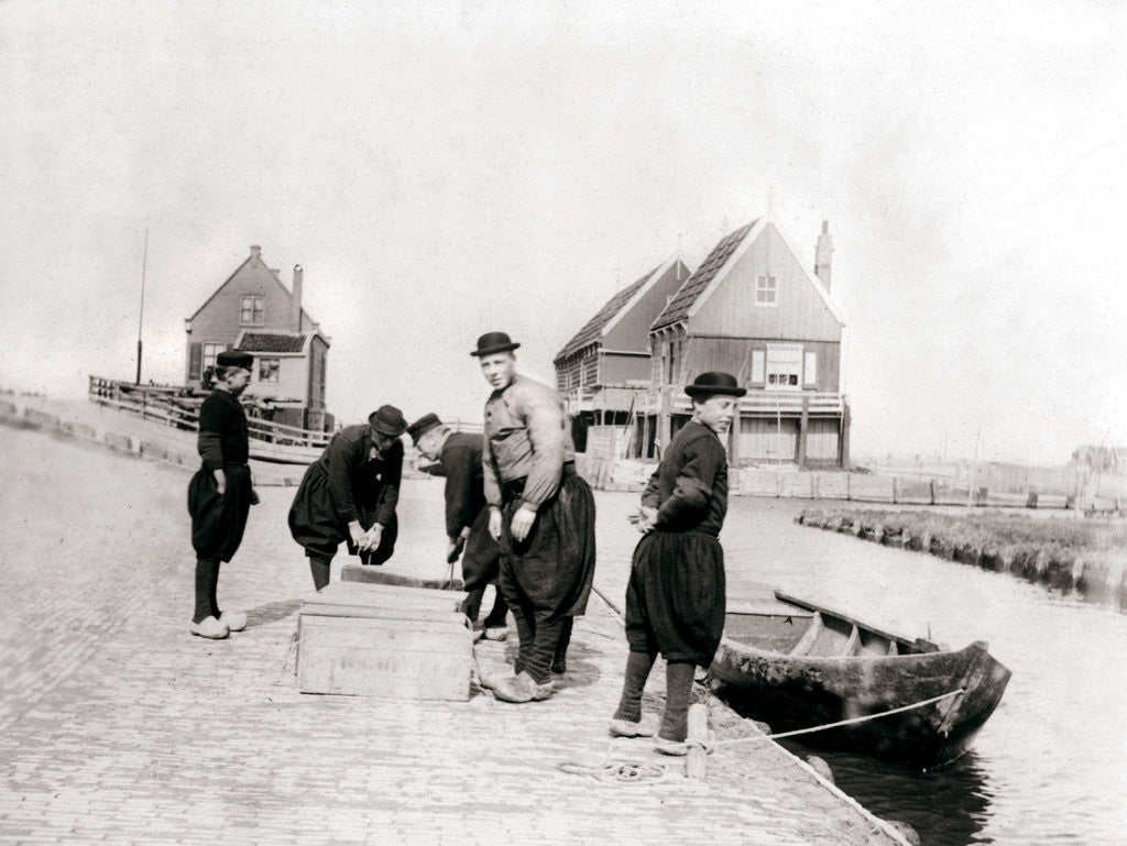 Detail of Men and boys in traditional costume by a canal bank, Marken Island, Netherlands by James Batkin
