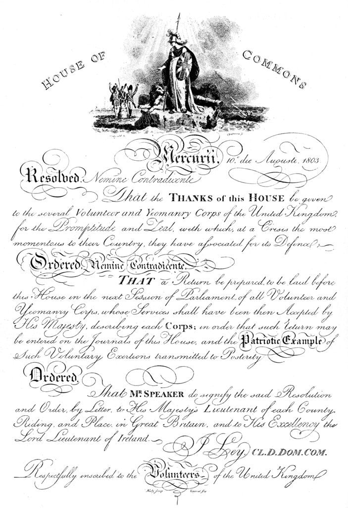 Detail of House of Commons resolution conveying thanks to the Volunteer Yeomanry Corps by Anonymous