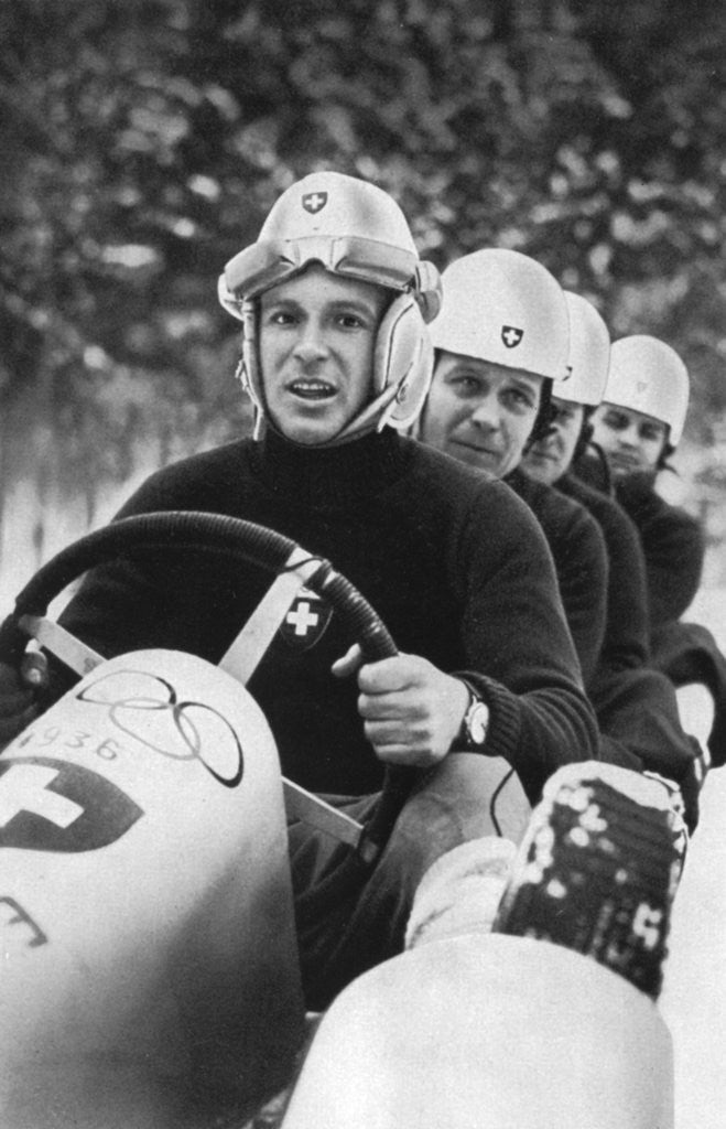 Detail of Swiss four man bobsleigh team, Winter Olympic Games, Garmisch-Partenkirchen, Germany by Anonymous