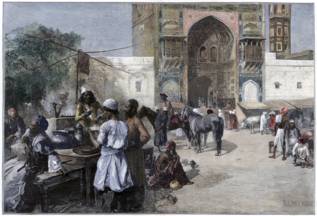 Detail of An open-air restaurant at Lahore, India by Edwin Lord Weeks