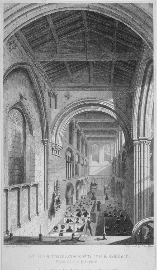 People in pews inside the Church of St Bartholomew-the-Great, Smithfield, City of London by John Le Keux