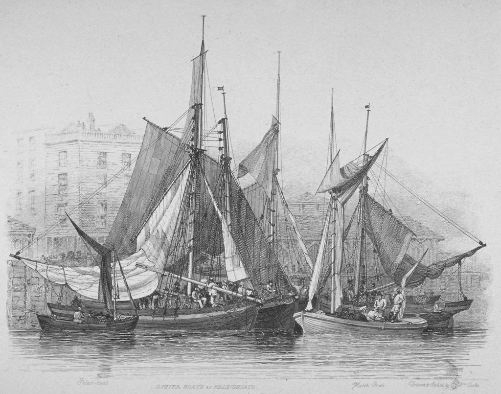 Detail of View of Billingsgate wharf with oyster boats, City of London by Edward William Cooke