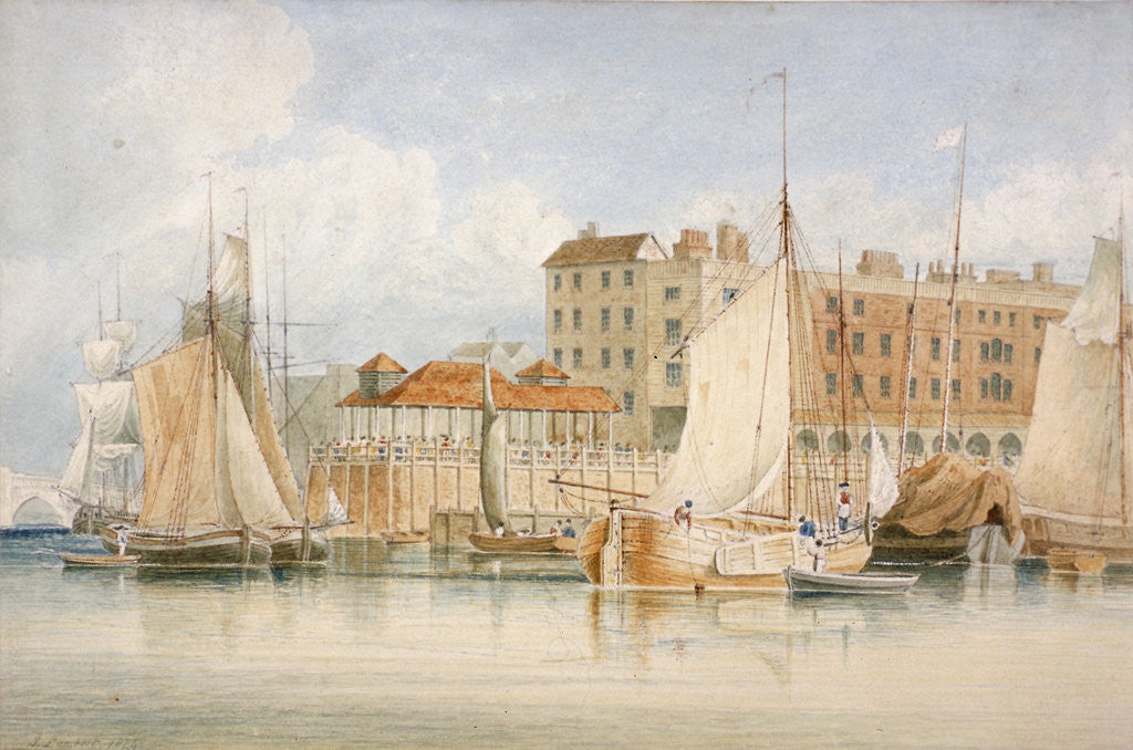 Detail of View of Billingsgate Wharf and market with vessels and people, City of London by James Lambert