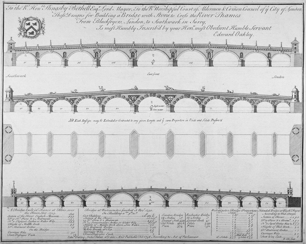 Detail of Three designs by Edward Oakley for Blackfriars Bridge by Benjamin Cole