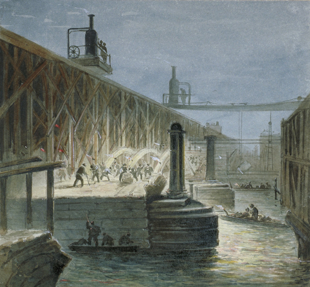 Detail of Demolition work being carried out on Blackfriars Bridge from the Surrey shore, London by George Maund