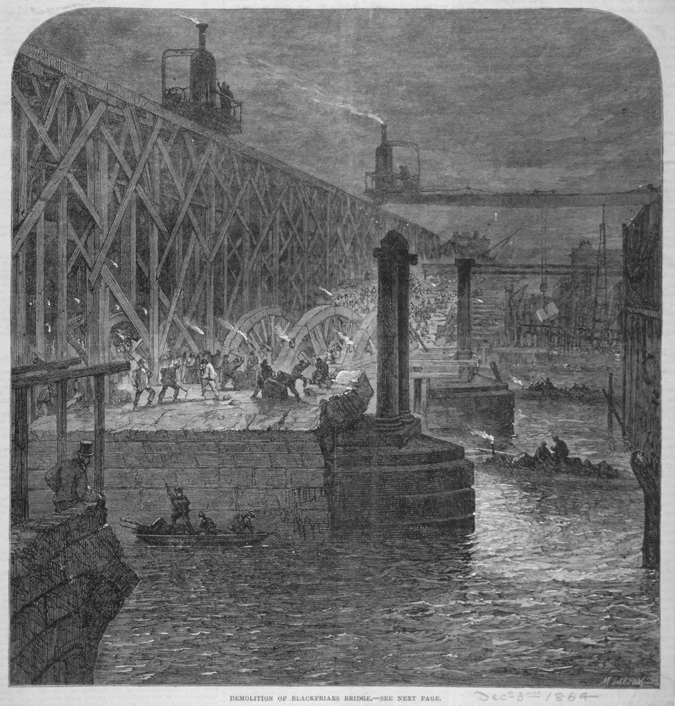 Demolition work being carried out on Blackfriars Bridge from the Surrey shore, London by Anonymous