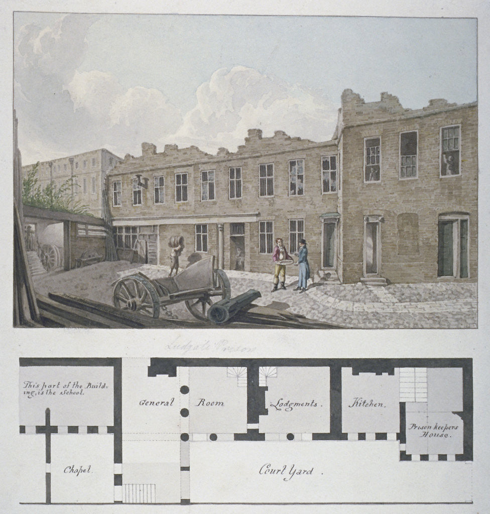 Detail of Ludgate Prison with a plan of the London Workhouse, Bishopsgate, beneath, City of London by Robert Blemmell Schnebbelie